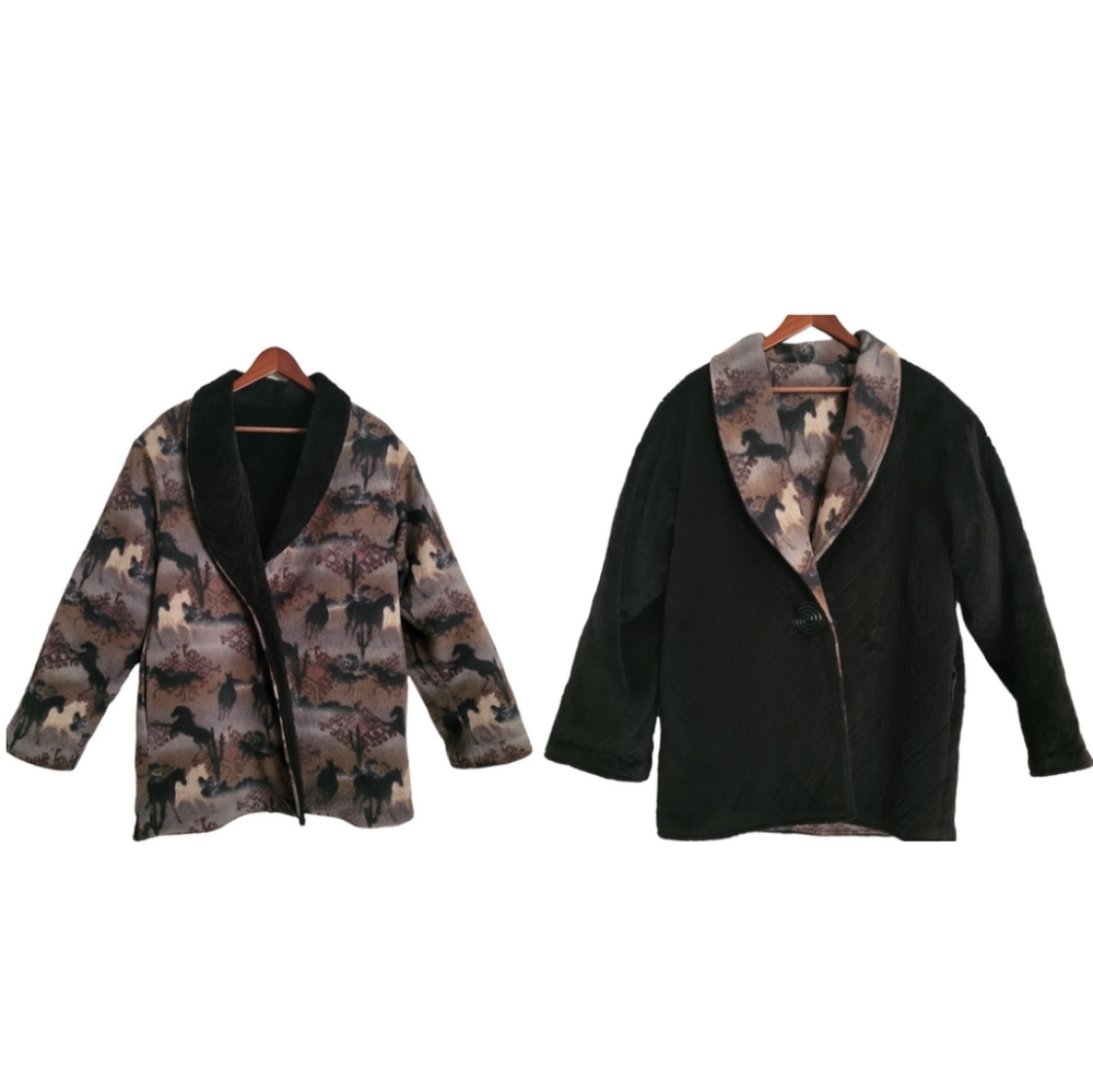 Black and Brown Fleece Reversible Horse Print Single Button Handmade Coat Sz M/L